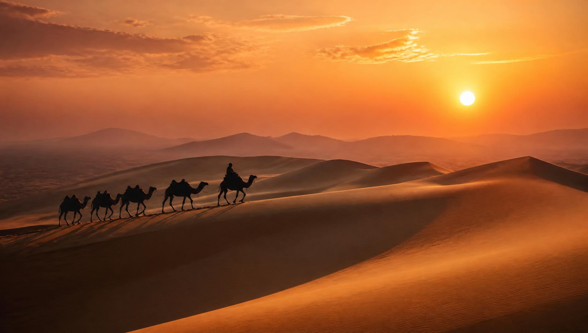 Camel caravan crossing the Egyptian desert at sunset
